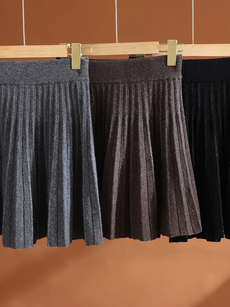 تنورة نسائية جديدة من TLOML بطيات على شكل حرف a 100% من صوف ميرينو متماسكة من الحرير اللامع تنورة صغيرة للخريف والشتاء على طراز Preppy فوق الركبة #4