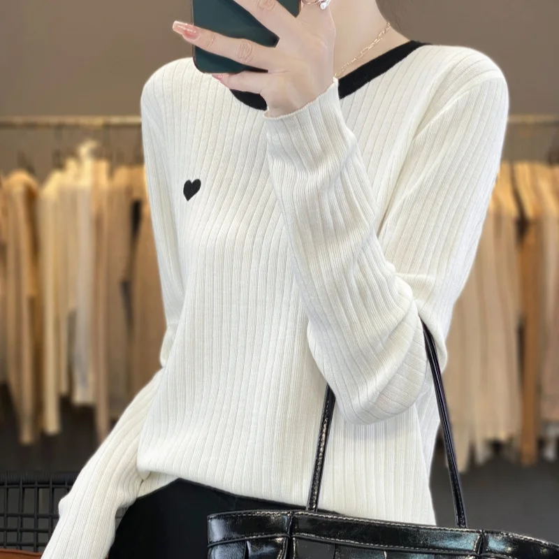 New round neck pullover cashmere sweater for women, autumn and winter knitted top, long sleeved embroidered women\'s sportswear