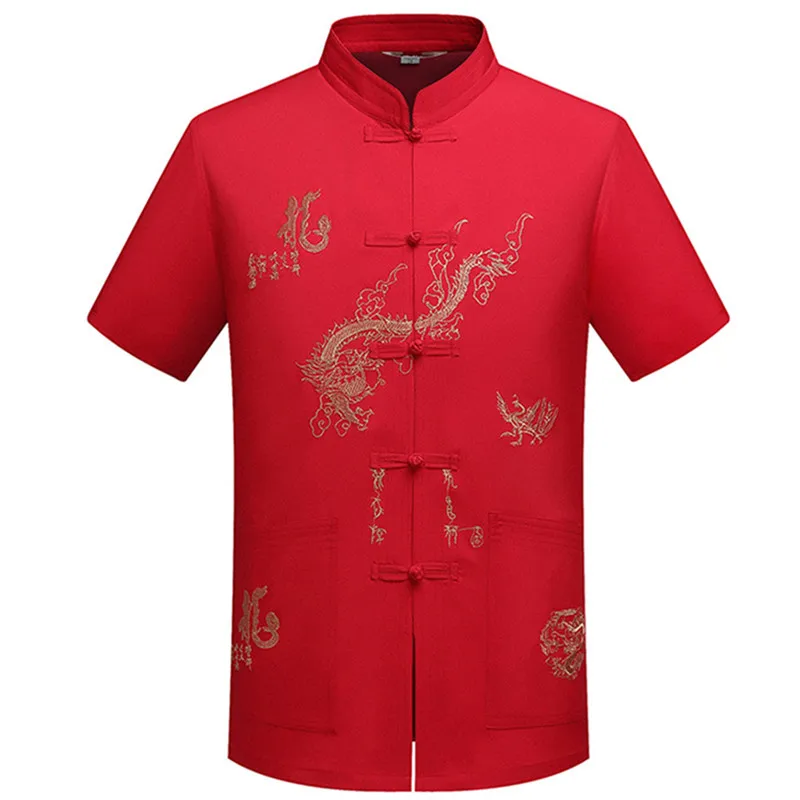 Abito tradizionale da uomo con bottoni a mano, manica corta, vintage, Tai Chi, casual, Hanfu, drago, ricamo, set Kong Fu in raso