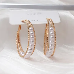 Exaggerated Pearl Big Hoop Earrings Hollow Heart Round Multi-layers Geometric Statement Metal Loop Earrings Oversize Earrings