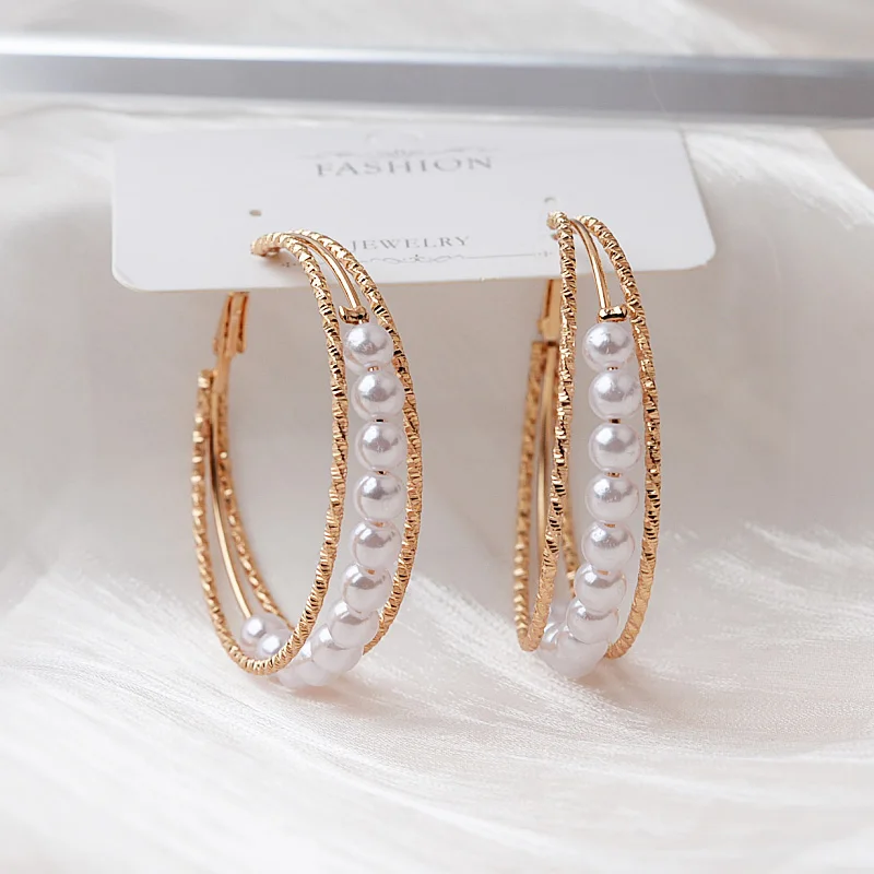 Exaggerated Pearl Big Hoop Earrings Hollow Heart Round Multi-layers Geometric Statement Metal Loop Earrings Oversize Earrings