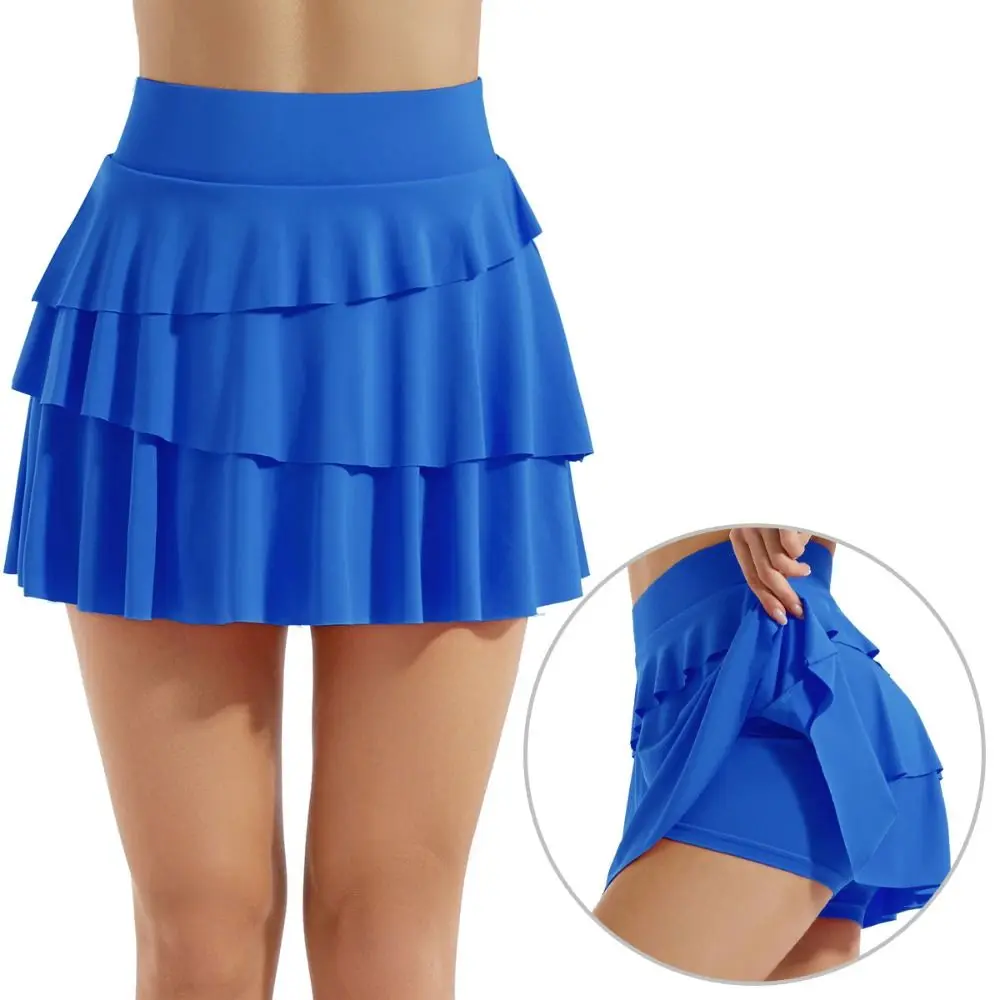 

2 Pockets Women's Pleated Tennis Skirts Tummy Control Ruffle Layered Skirts Quick Drying with Shorts Sports Dance Skirt Workout