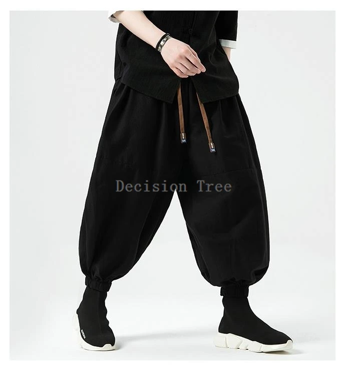 2024 chinese antique style solid color bloomers retro loose cotton linen wide leg trousers martial arts stage performance pants