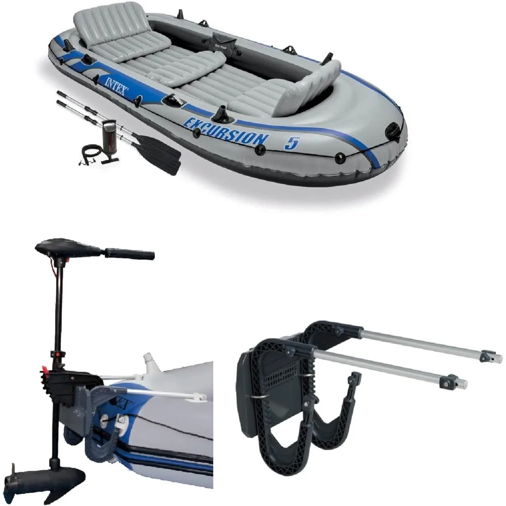 

e Boat Set with 2 Aluminum Oars and Pump, Intex 12V Transom Mount Boat Trolling Motor, and Intex Motor Mount Kit