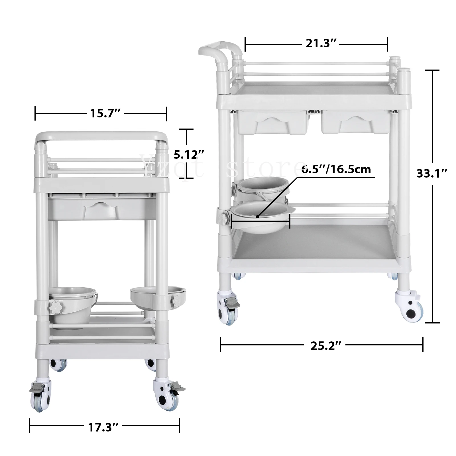 Mobile Trolley Cart, 2 Tier Heavy Duty Rolling Utility Cart with Dirt Bucket, 360° Rotate Wheels Medical Mobile Trolley Cart