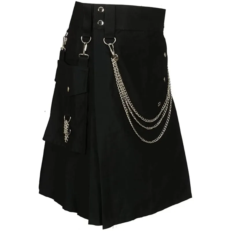 Men's Dress Retro Scottish Gothic Punk Fashion Black Fashion Practical Short Skirt Paired with Silver Chain Skirt