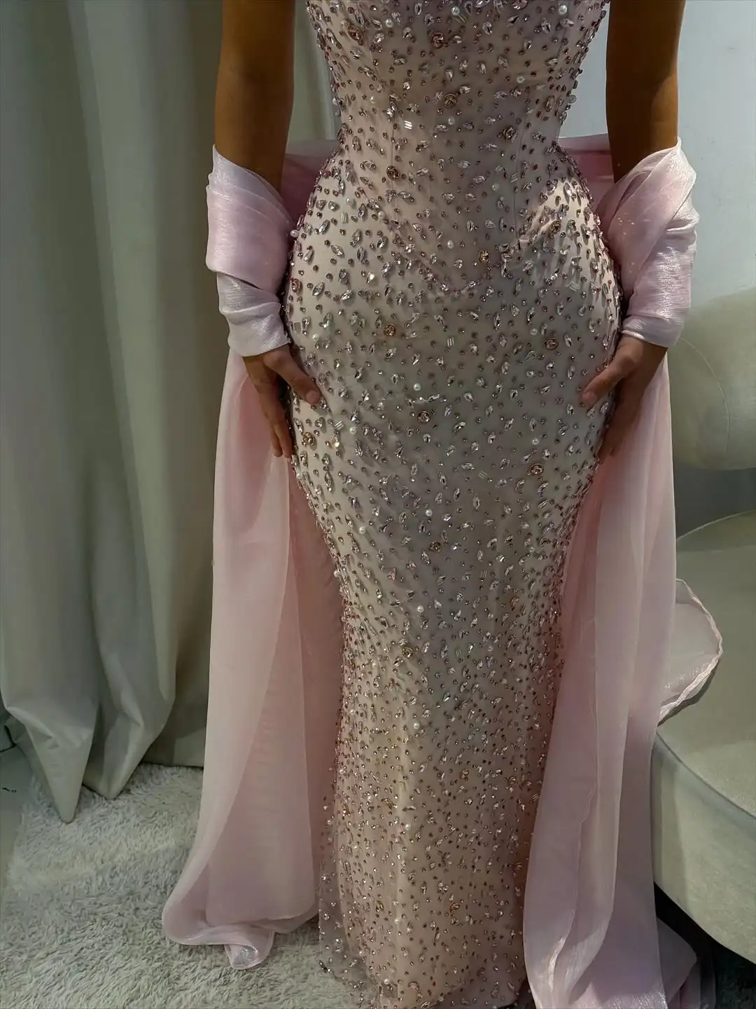 Ofherown-Vestidos De Noche De cristal sin tirantes con chal, Vestidos De graduación De sirena con diamantes De imitación rosas, lujosos Vestidos De Fiesta De Dubái