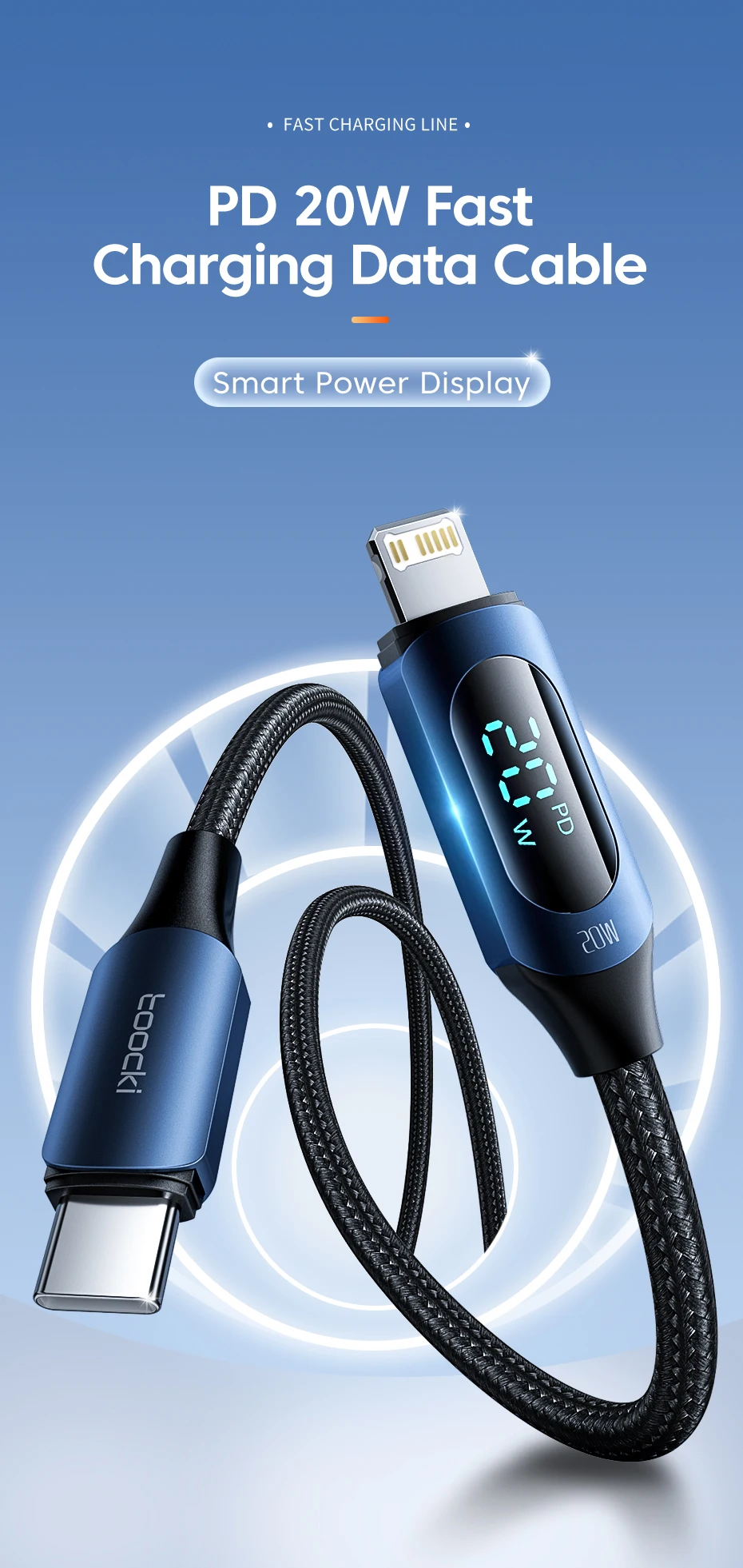Toocki PD20W USB-C-Lightning-Kabel mit LED-Digitalanzeige, Schnellladekabel für iPhone 14 13 12 Pro Max 8 7, Typ C zu Lightning – Detail 1