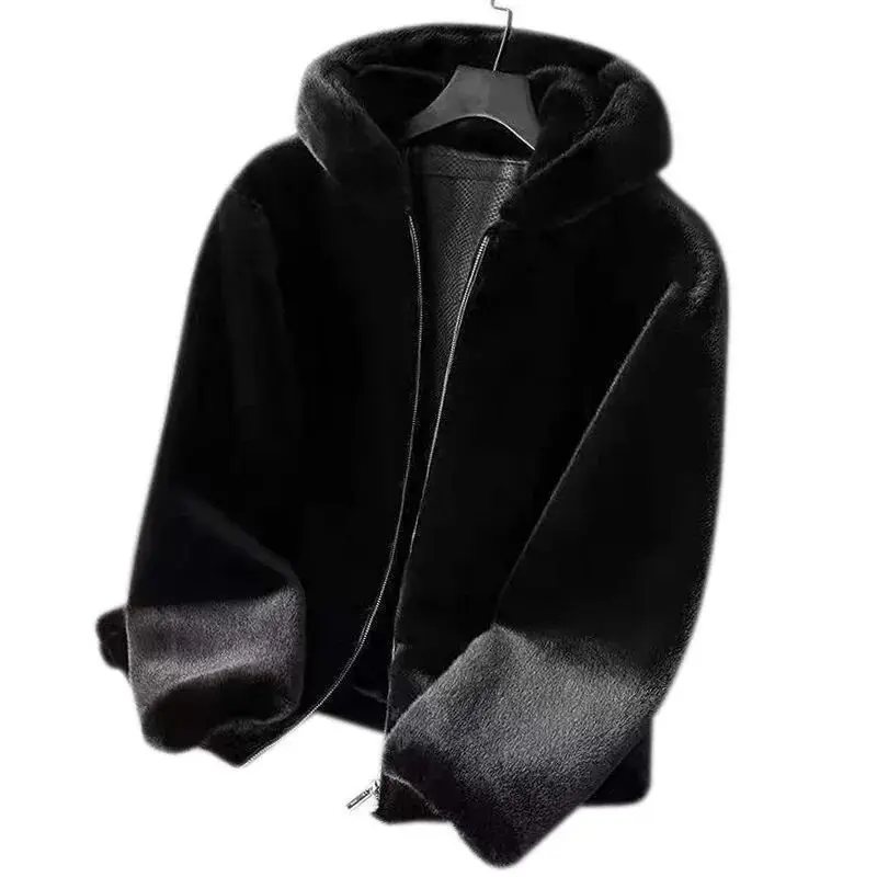 

Men's Thiened ort Casual Fur Coat Winter Warm Hooded ort Length Simulation Fur Jaet Leather Plant Tanning