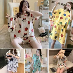 2PCS/Set Women's Summer Ice Silk Pajamas Short Sleeve Short Pants Sweet Printed Strawberry Homewear Cartoon Floral Loungewear