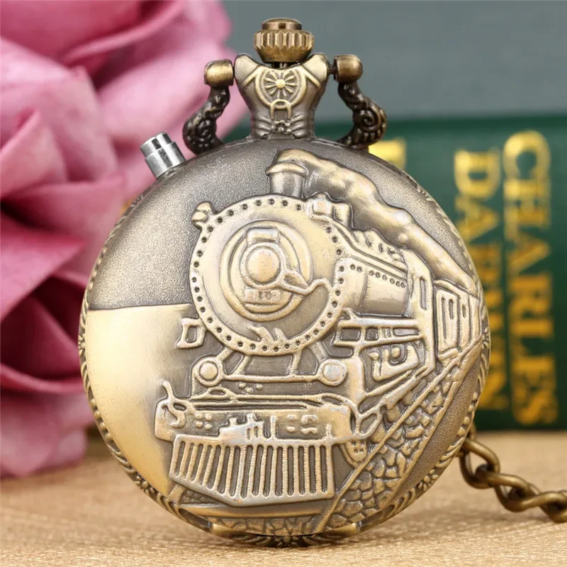 Steampunk LED Light Clock Train Locomotive Men Women Quartz Pocket Watch Arabic Numerals Display Pendant FOB Chain Gift