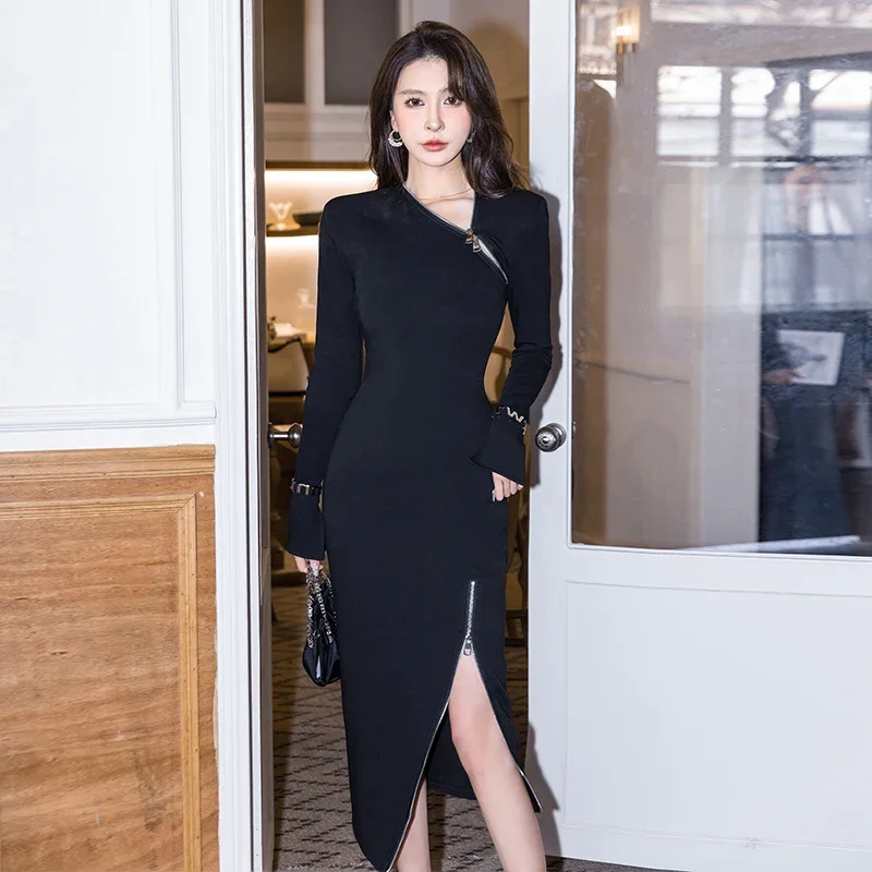 ผู้หญิง Elegant Black High-end แขนยาวซิปแขนยาวชุดดินสอพรรคอย่างเป็นทางการ