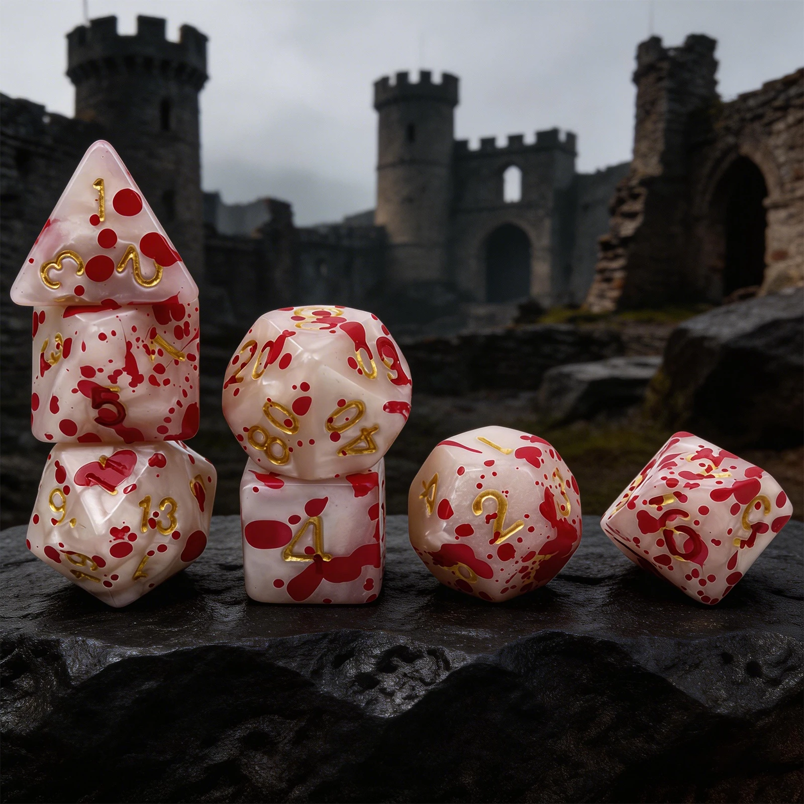 

7-piece 16mm polyhedral dice set, featuring red dot patterns with gold numerals, suitable for Christmas, Halloween and yard game