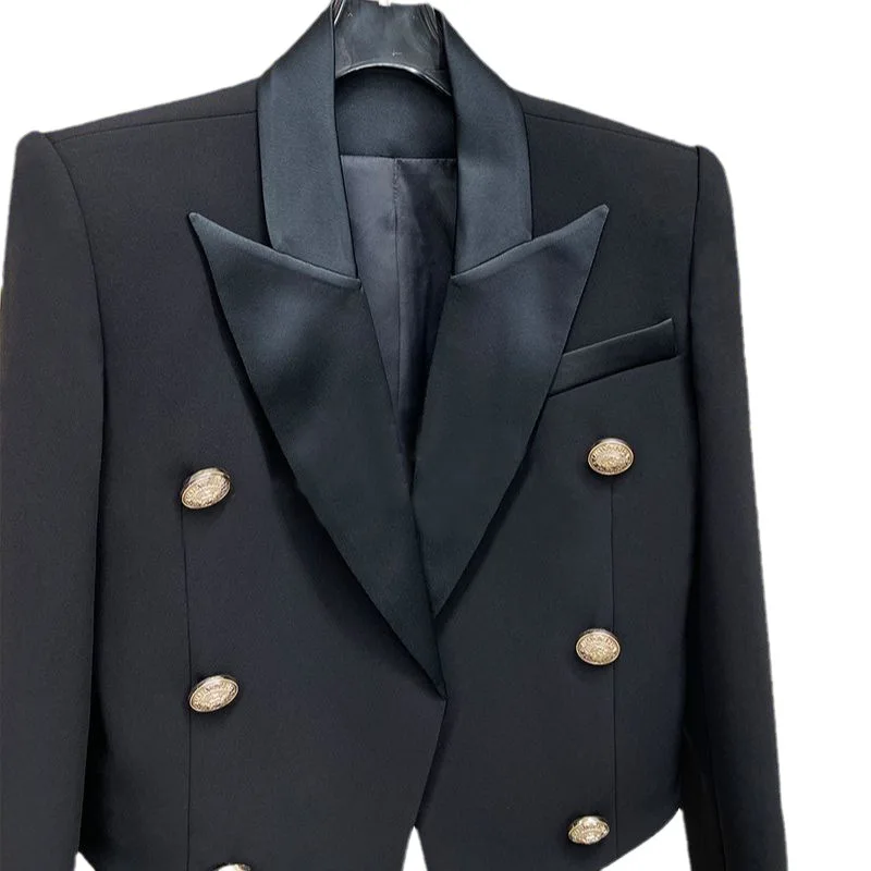 Luxury Brand Autumn Cropped Jackets Women Black Blazer Lapel Metal Button Long Sleeves Office Lady Coat Cropped Blazer Short Top