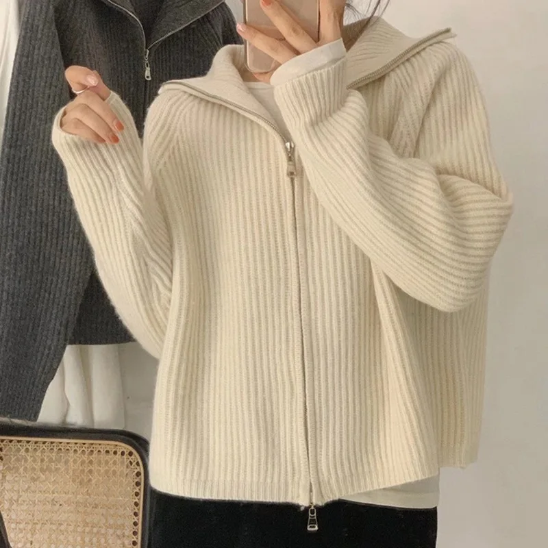 Lazy Style Double Zipper Turn-down Collar Solid Color Sweater Autumn and Winter New Loose Knit Cardigan Jacket