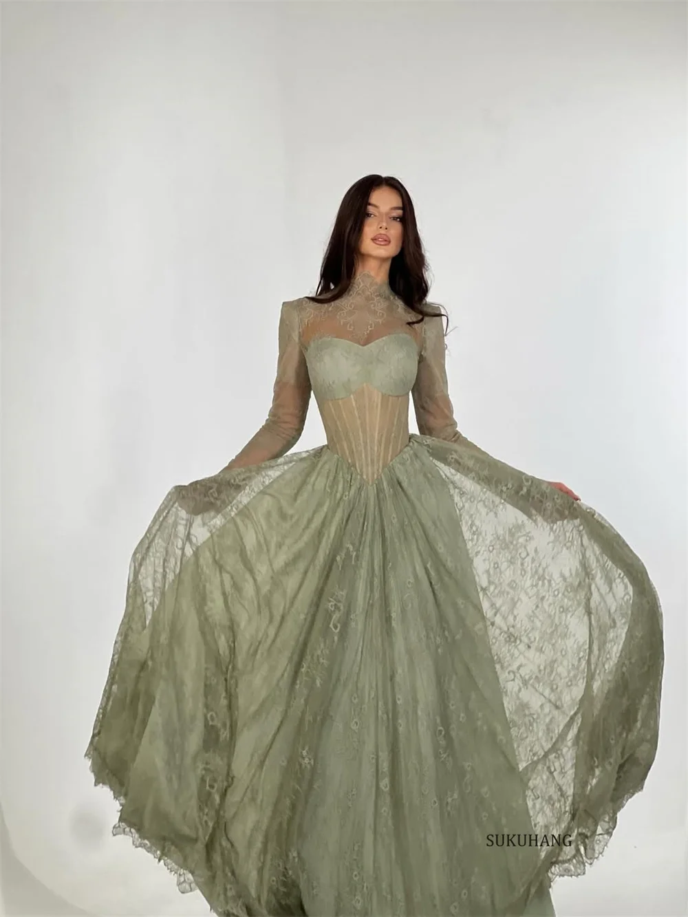 SUKUHANG verde cuello alto A-Line vestidos de noche largos de encaje de manga larga vestidos de graduación hasta el suelo Dubai personalizado