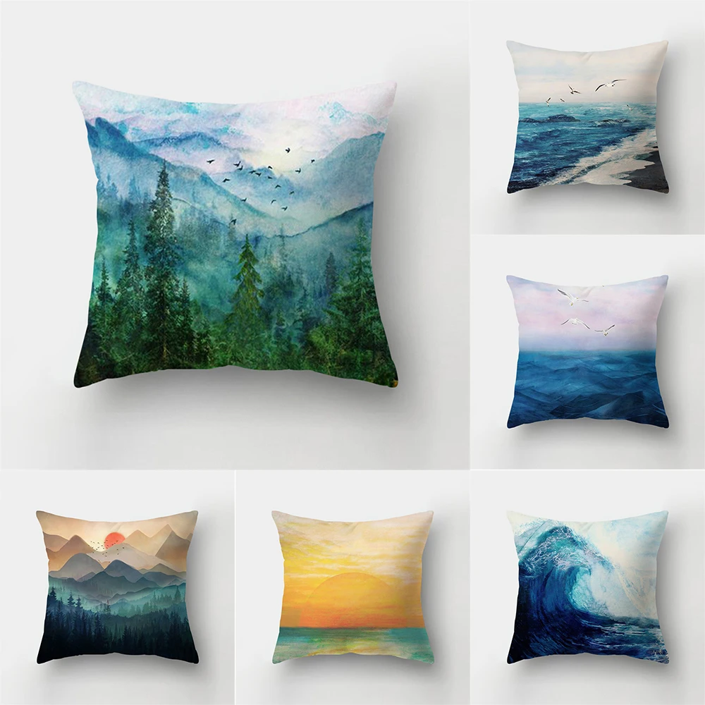 Dark green sea mountain landscape picture pillowcase home bedroom living room sofa decoration cushion cover