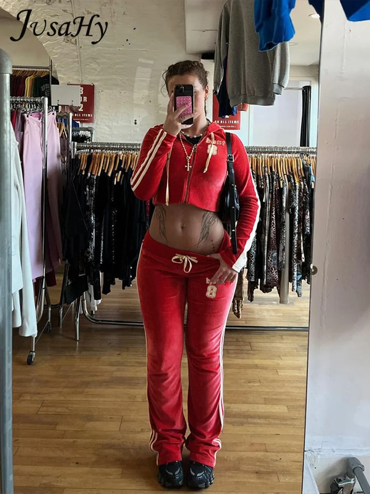 Jusahy Autumn Release Junior Ankle-Length High Street Pants Suit K24S53933 Girl Solid Expose Waist Hooded Long Sleeve Pants Suit