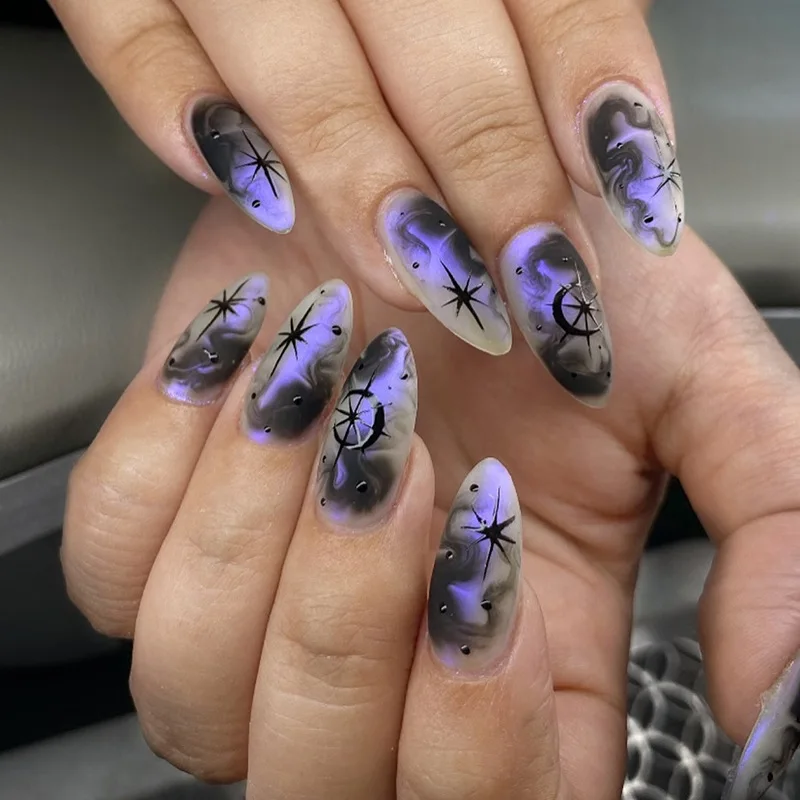 

24Pcs Edgy Purple-Black Ombré Press-On Nails – Medium Almond Shape With Starburst Accents Sweet & Cool Ins Style