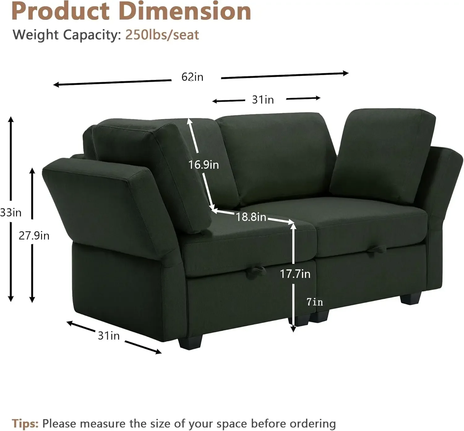 Convertible Modular Sectional Loveseat Sofa, 62