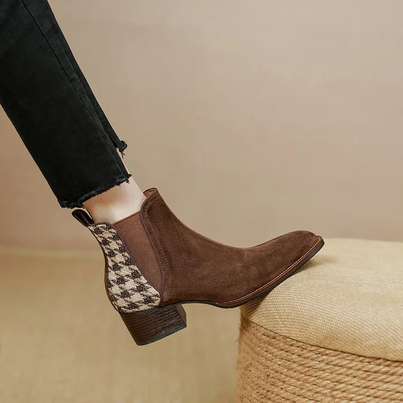 

New Women French Style Retro Chunky Heel Plaid Kid Suede Leather Short Boots Med Heel Round Toe Spring and Autumn Chelsea Boots
