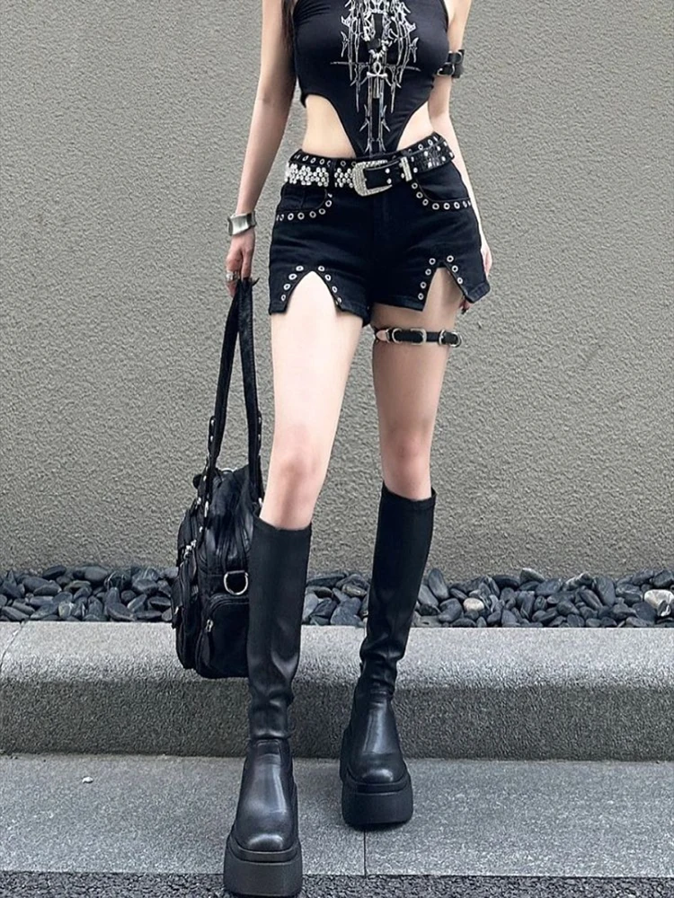 Women Summer American Style Low Waist Rivet A- Line Slit Wide Leg Hot Pants Denim Sexy Y2K Fashion Street Short Jeans