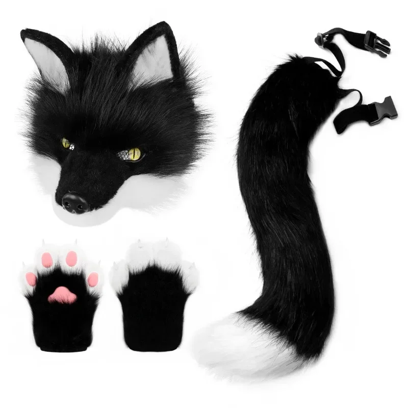 

Halloween party plush simulation fox tail, half face mask animal claws gloves set cos props