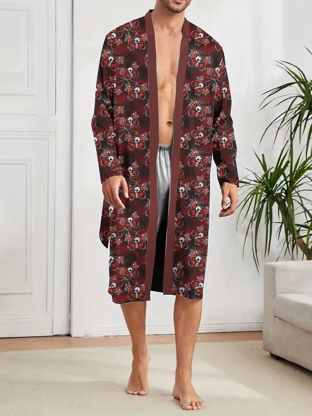 

Мужской длинный халат с цифровым принтом бабочки, удобный домашний повседневный халат на весну и осень.