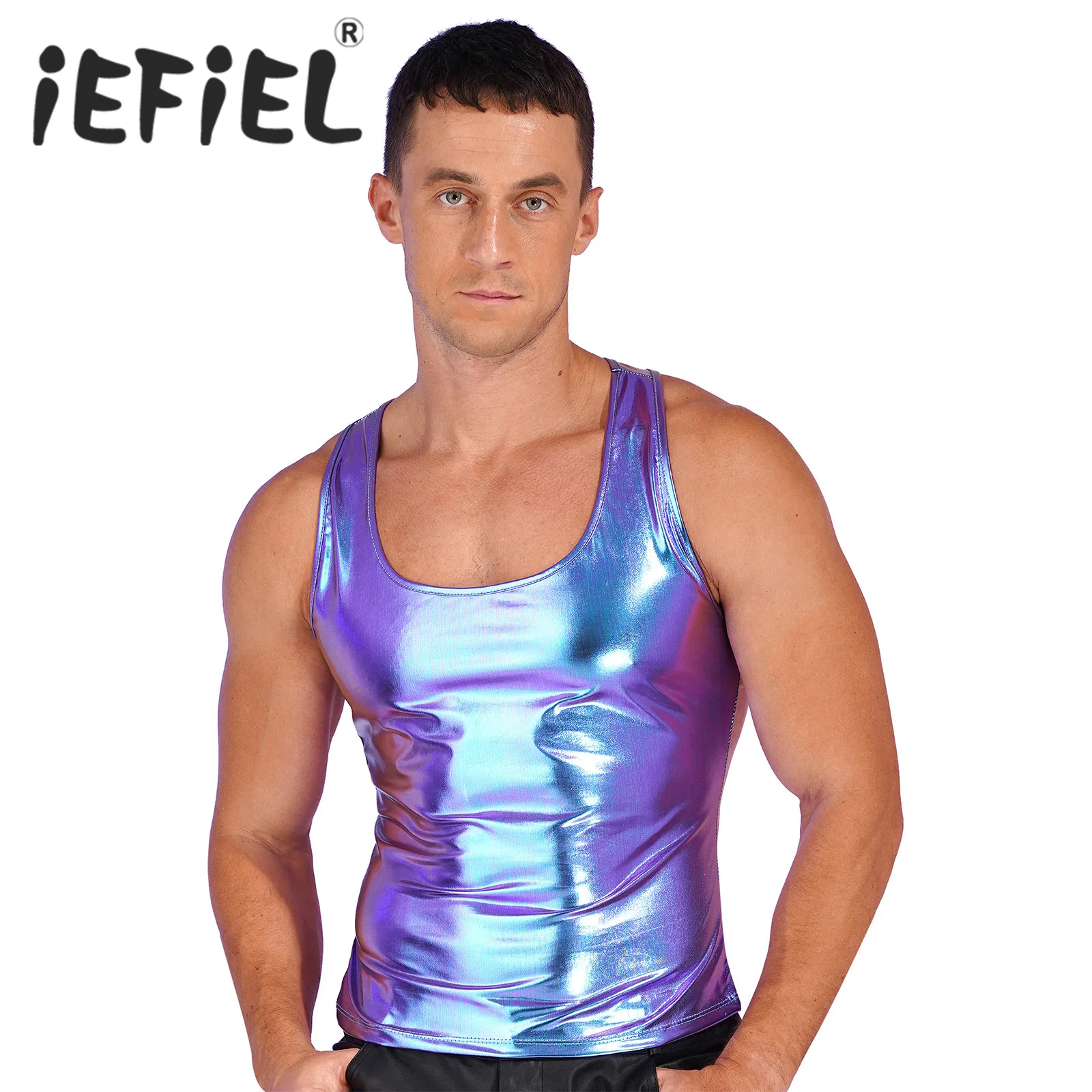 Mens Glossy Crop Tops Shiny Metallic Deep U Neck Sleeveless Vest Racer Back Slim Fits Camisole Tank Top for Clubwear Pole Dance