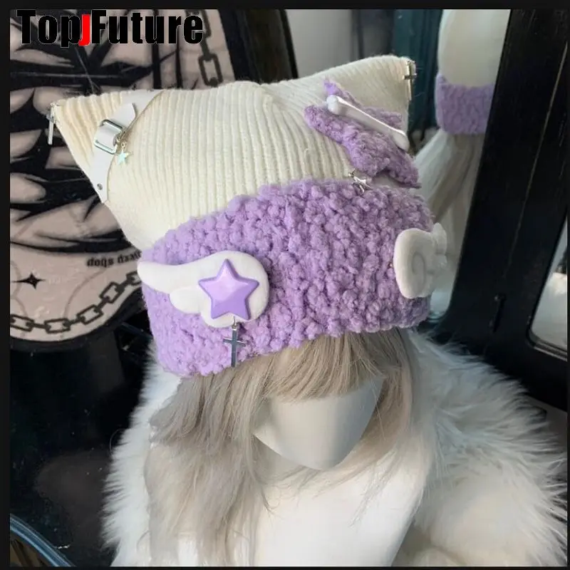 Women Y2K Girl Harajuku Gothic LolitaAqua blue subculture knitted hat cat ear hat mine series cute Bomber hat Winter Beanie Hat