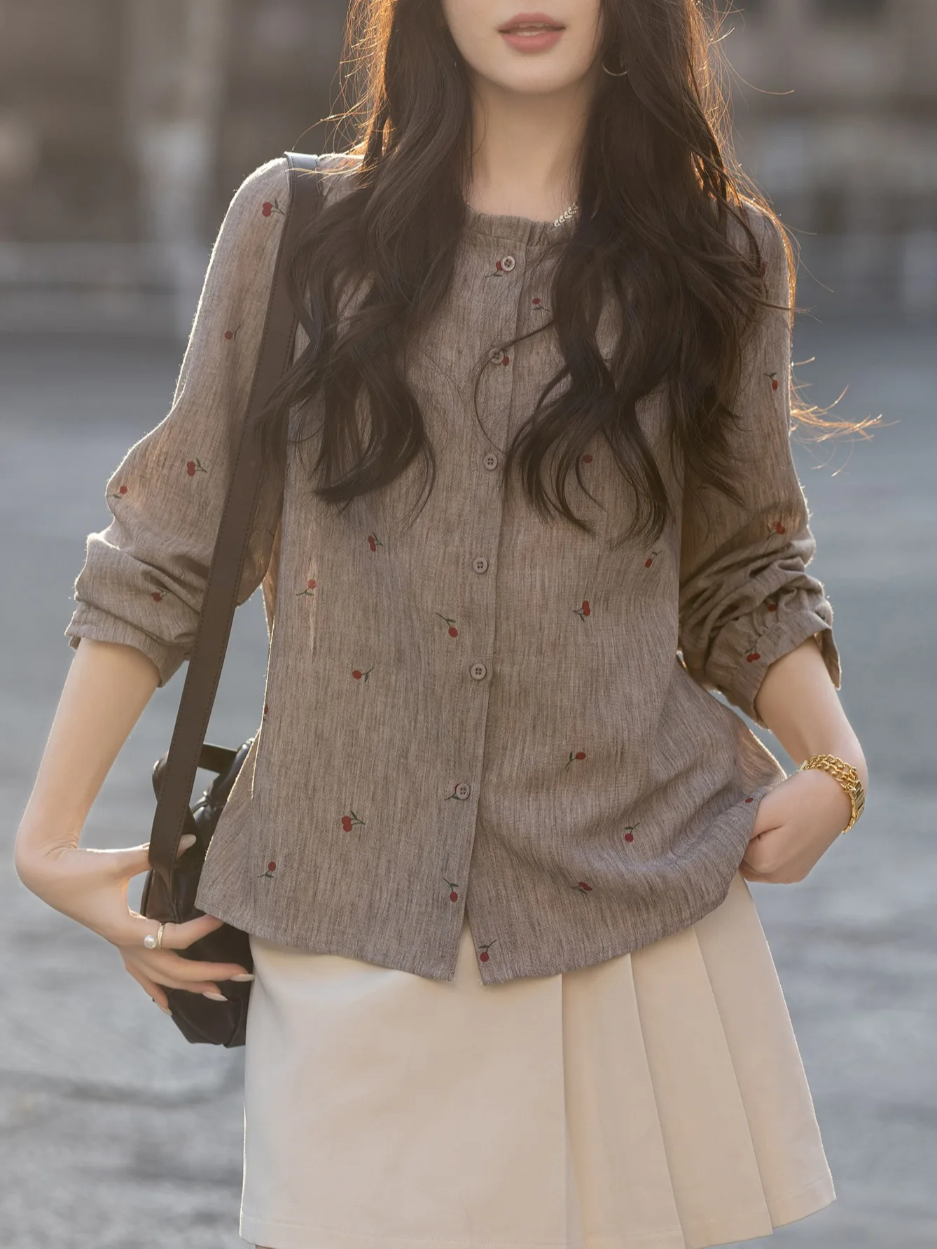 September Stray Ink Long Sleeve Cherry Print Blouse Women's Fashionable Floral Lace Collar Shirt Korean Style Casual Top