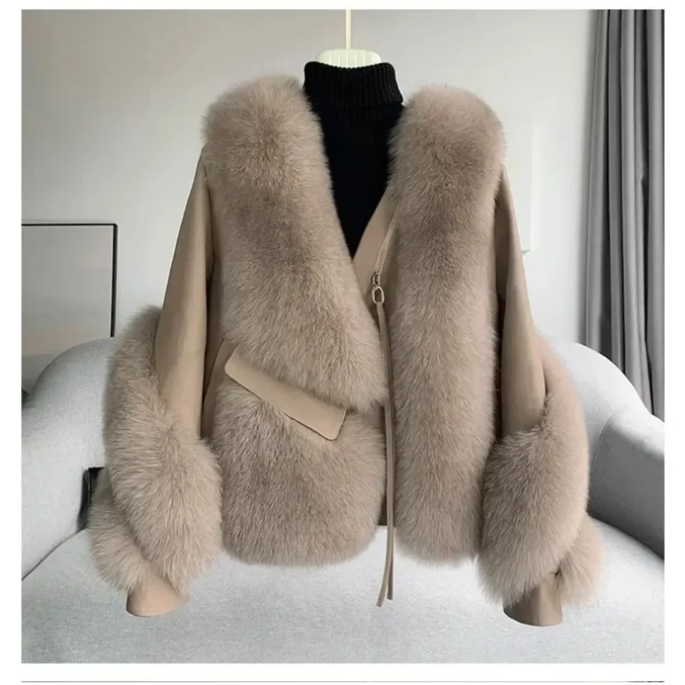 2024 Autumn-winter Fur Onesie Women\'s Fox Fur Coat Spliced Sheepskin Motorcycle Coat Thickened Warm Package Winter Coat Women