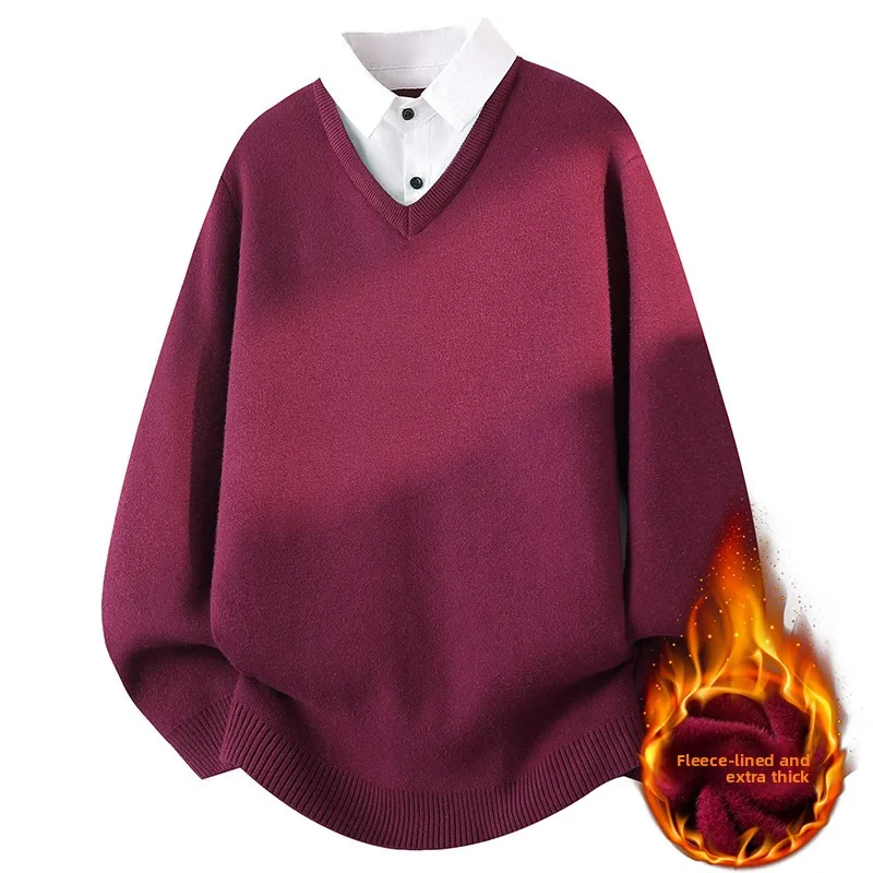 

2025 New Men's Thiened Fce Lined Knitted Sweater Red Winter irt Collar Sweater Casual Comfortable Fit Long Sve Knit...