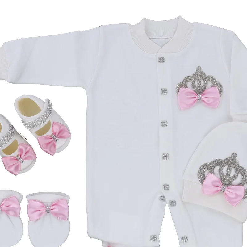 Newborn Baby Footed Romper 0-9 Months 4Pcs Off White Light Pink Silver Rhinestone Crown Bow Long Sleeve Jumpsuit Royal Boutique