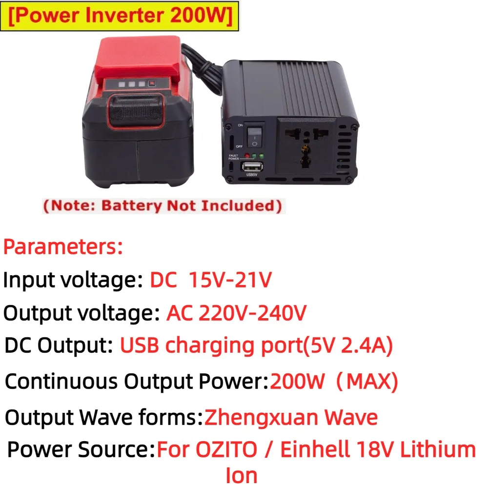 200W Portable Power Inverter for OZITO/Einhell 18V Battery ,DC 18V To AC 220V Powered with USB 5V 2.4A for UK EU AU（No Battery）