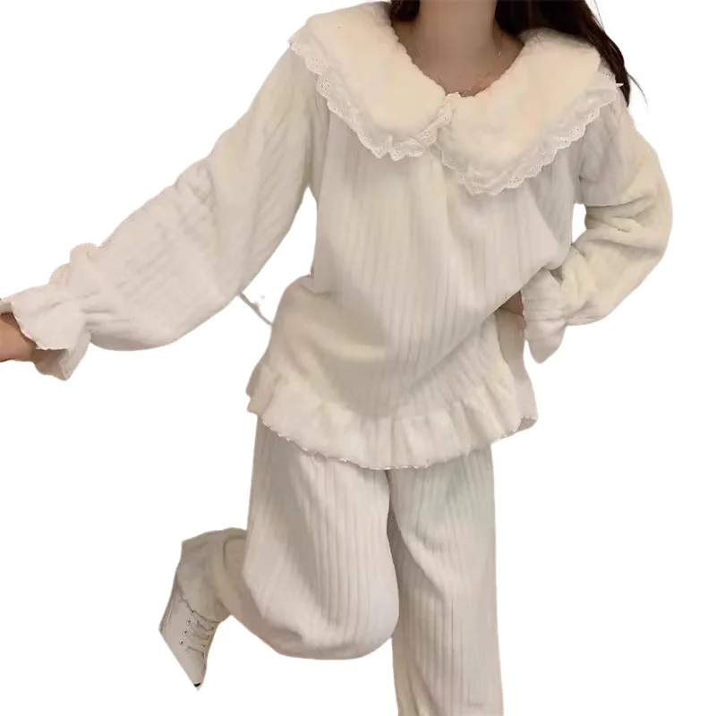 

Женская коралловая бархатная плотная одежда для сна, осень-зима, милая милая домашняя одежда в корейском стиле, фланелевый утолщенный комплект из двух предметов, однотонный