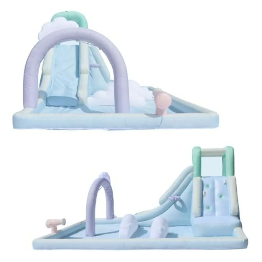 Outdoor water slide for kids: PVC, blue and yellow, 14.4ft L x 9.1ft W x 6.8ft H inflated, includes splash pool, spray feature,