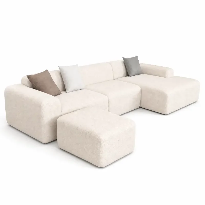 Modular Sectional Sofa L-Shape Cloud Couch with Ottoman Boucle Fabric High Density Foam Compressed Packing for Living Room