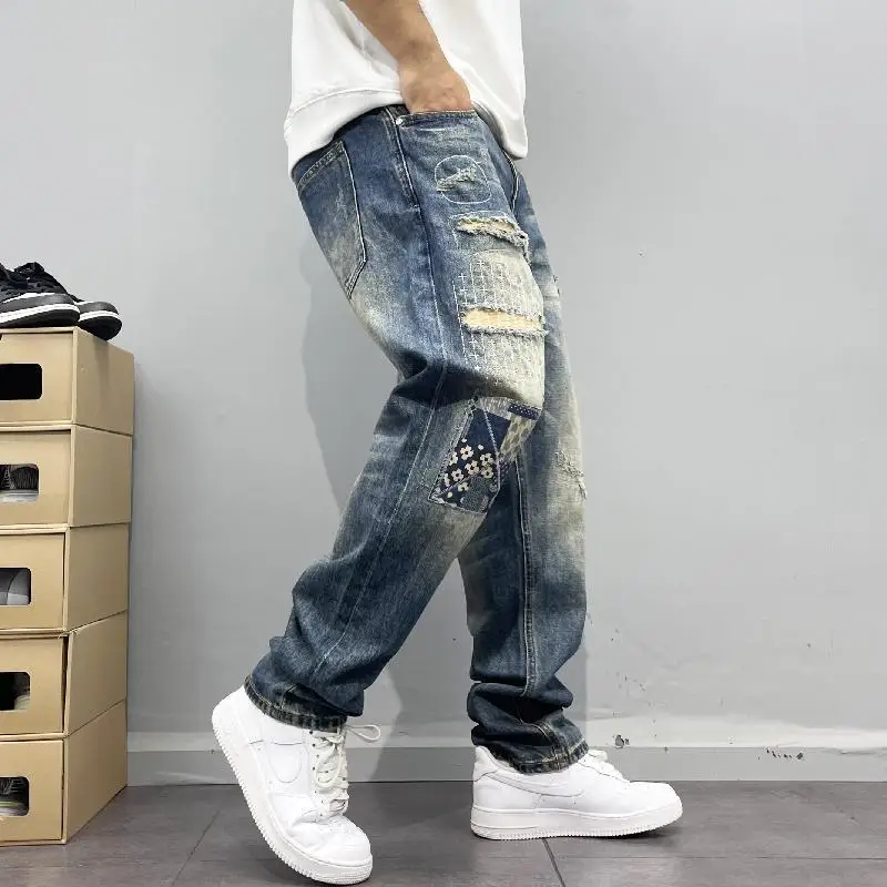 Vintage Distressed Patch Jeans for Men Micro Tube Pants High Street Trendy Brand Hip-hop Pants