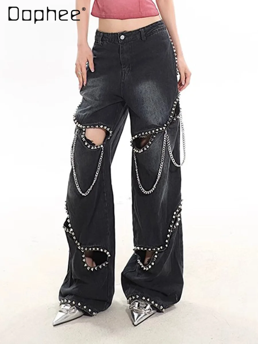 

Fashion Exquisite Hollow-out Rivet Black Jeans for Women 2024 Spring New High Waist Straight Pants Baggy Jeans Women