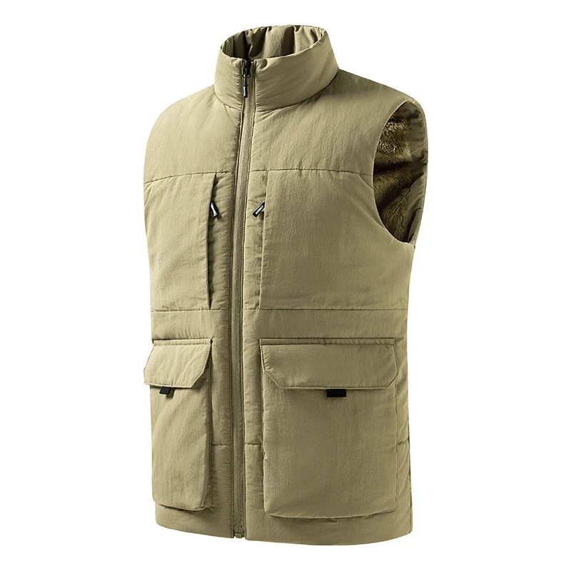 New Men's New Reversible Sleeveless Jacket Vest Thick Warm Fleece Workwear Tops Cargo Vest Windbreaker