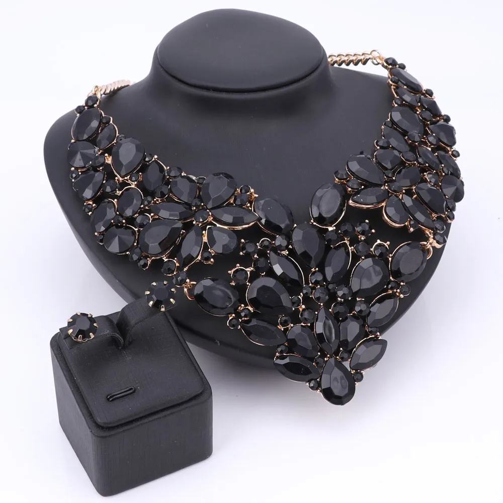 Luxury Wedding Bridal Accessories Statement Jewelry Sets For Women Black Rhinestones Crystal Necklace Earrings Holiday Party Set