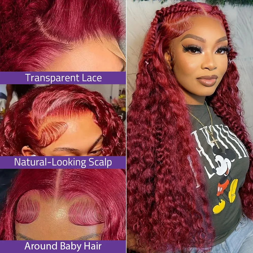 220% Density Burgundy 13x6 HD Lace Front Human Hair Wig Curly Red Colored Wigs 28 40 Inches Transparent Lace Deep Wave Frontal Wigs For Women