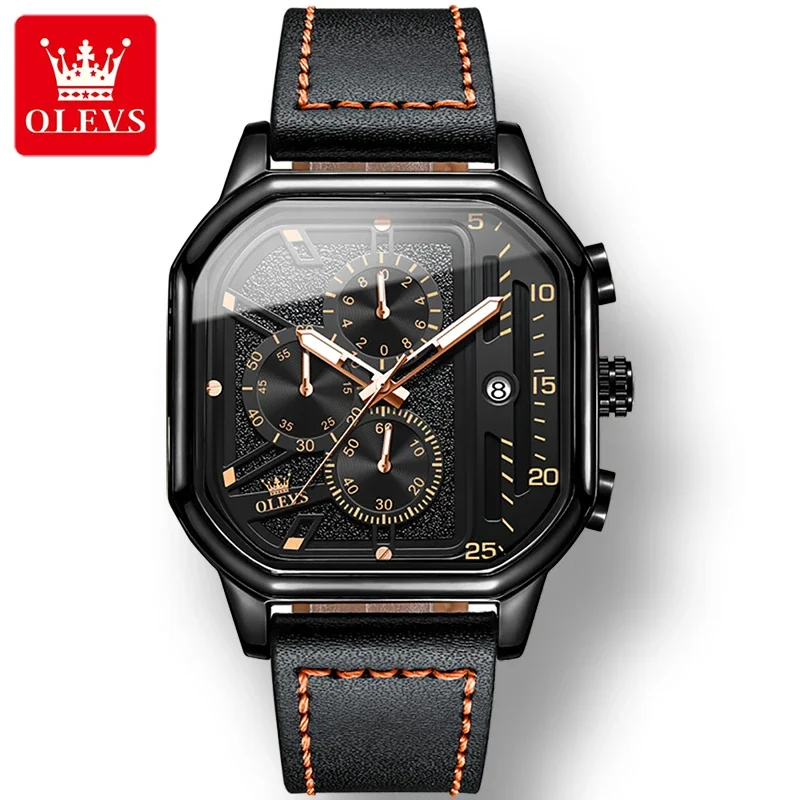 OLEVS 9950 Waterproof Fashion Men Wristwatch, Quartz Genuine Leather Strap High quality Square Watches For Men Luminous Calendar