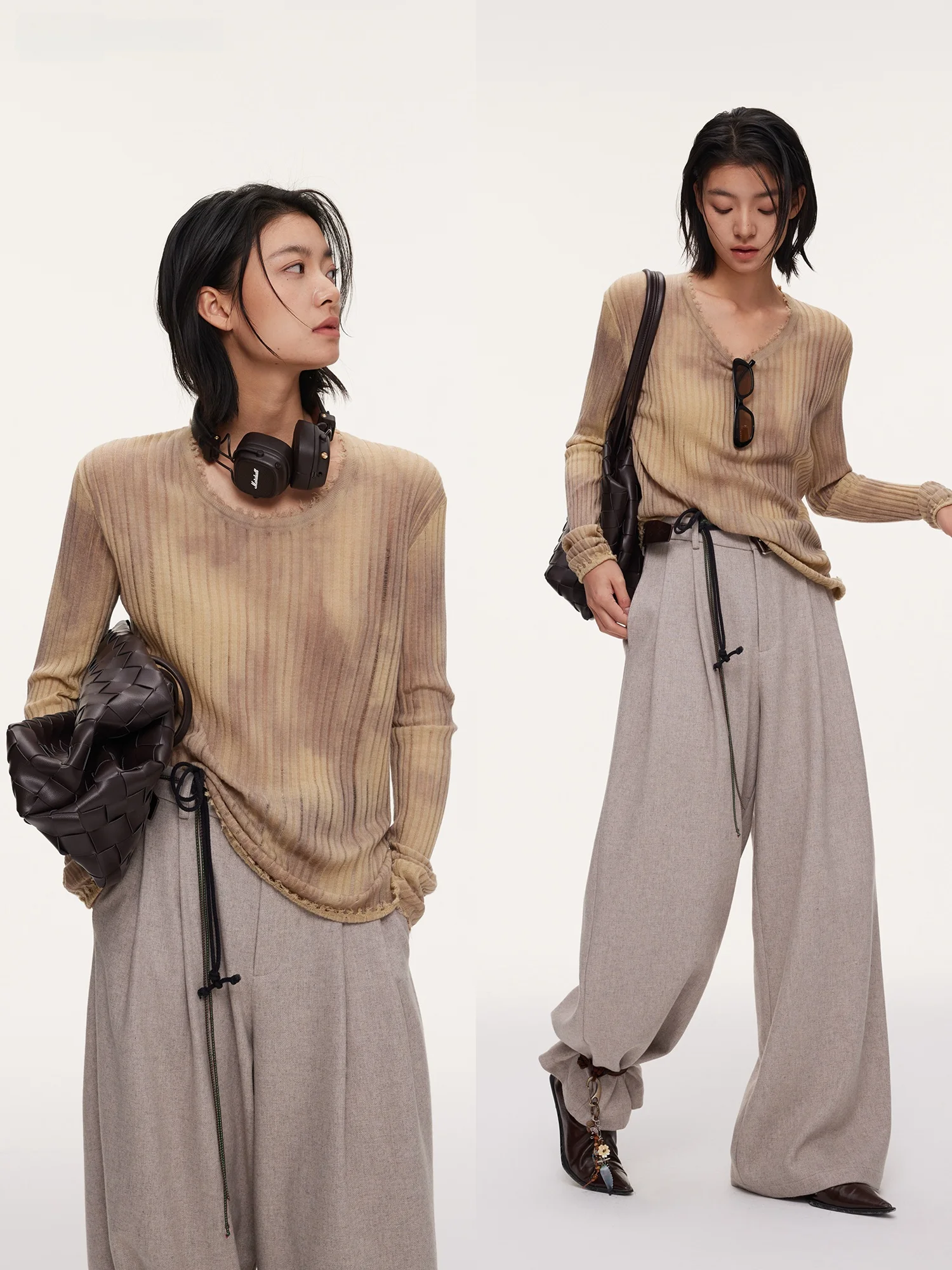 

Женская модная теплая вязаная кофта JCCC с U-образным вырезом, длинными рукавами, облегающая, с эффектом тай-дай и градиентным окрашиванием, из шерстяной ткани