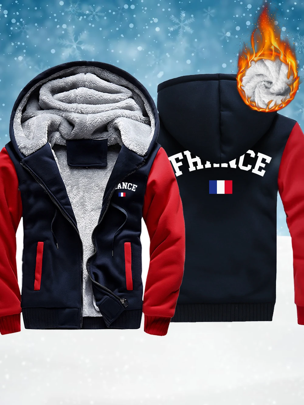 

France Flag Printed Men Thicken Jackets Winter Windproof Zipper Outerwear Thermal Fleece Warm Coats Comfortable Male Clothes
