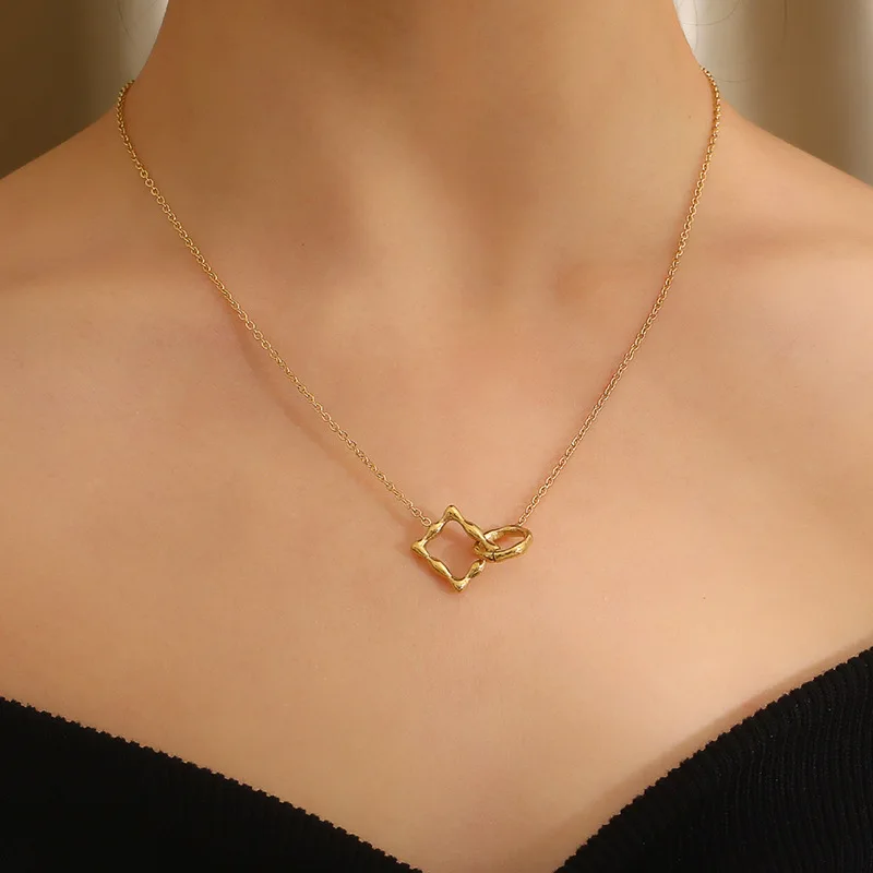 316 Stainless Steel Irregular Twisted Round & Square Interlocked Pendant Thin O Link Choker Gold Silver Abstract Geometric Uniqu