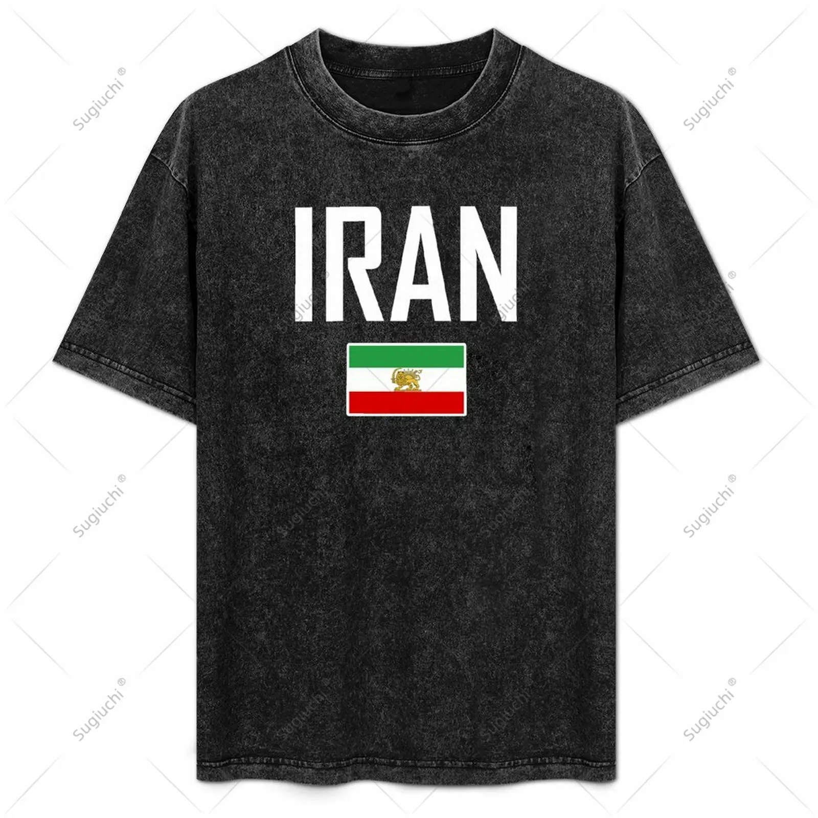 Vintage Washing Unisex Men IRAN Flag And Font Tshirt Tees T Shirts Cotton Short-sleeved T-shirt