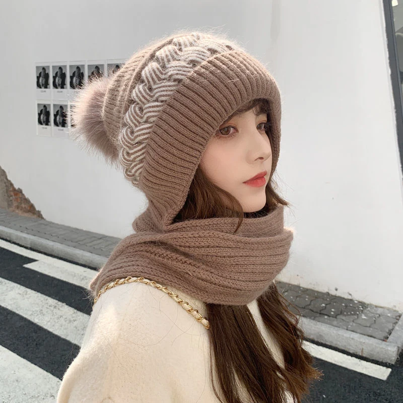 Women Winter Hood Beanies Thick Woolen Knitted Hat+Scarf Fur Pompom Crochet Bonnet Outdoor Ski Female Cap Warm Headgear