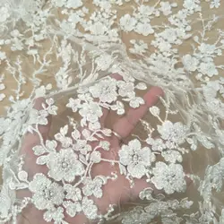 Hot selling ivory wedding dress lace fabric 130cm width sequins lace beading lace sell by yard